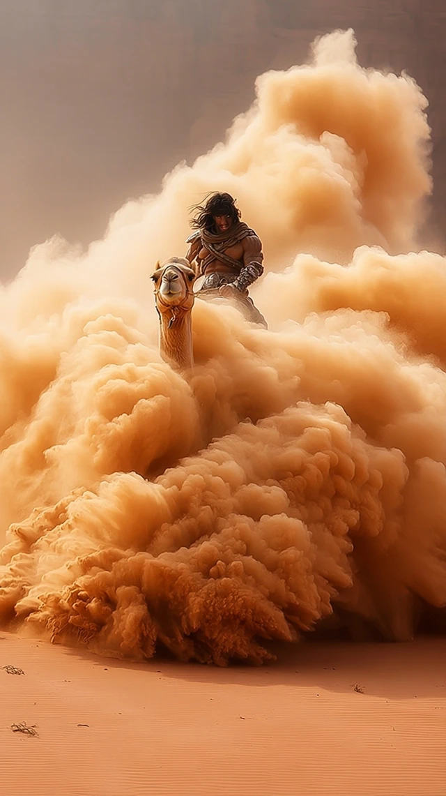 Arabian Man and Camel in Sandstorm Cinematic Shot