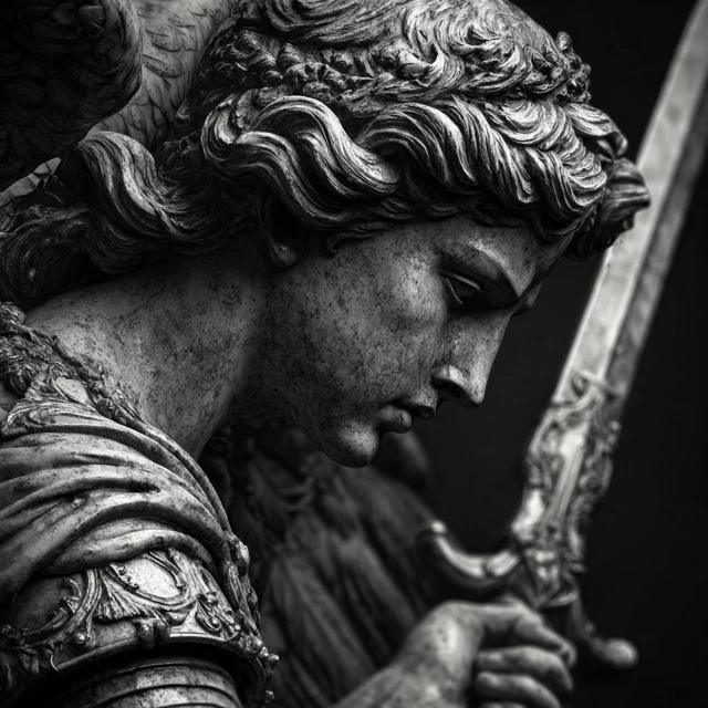 St Michael Statue Holding Sword Side Profile Black and Grey