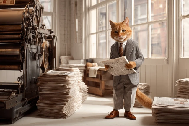 Business Cat Holding Newspaper in Printing Shop