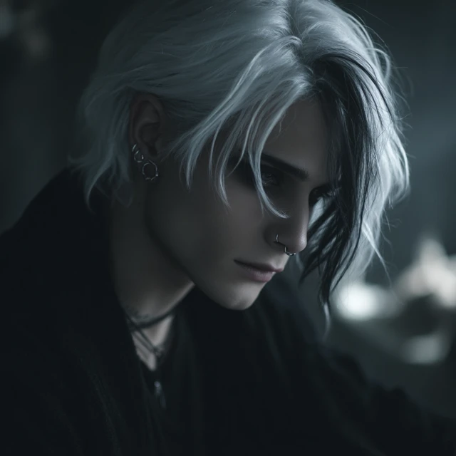 Gothic Man with White Hair and Piercings