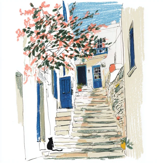 Greek Island Village Scene Coloring Page