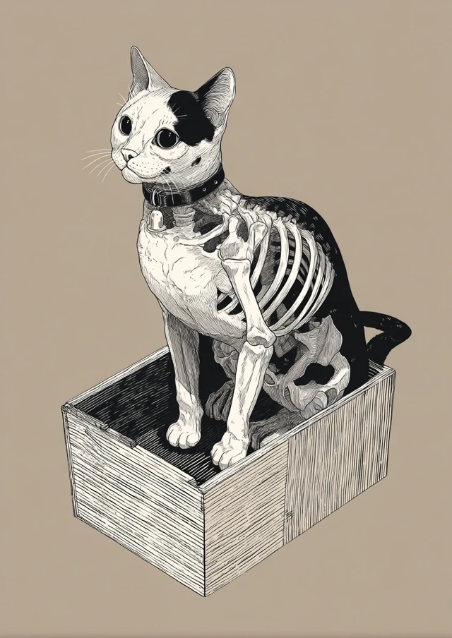Skeleton Cat in a Box Illustration
