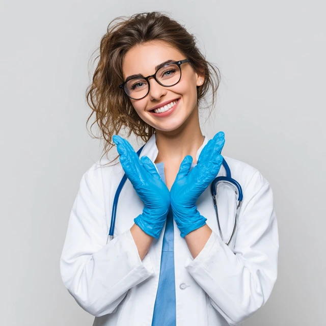 Joyful Doctor in White Coat and Gloves