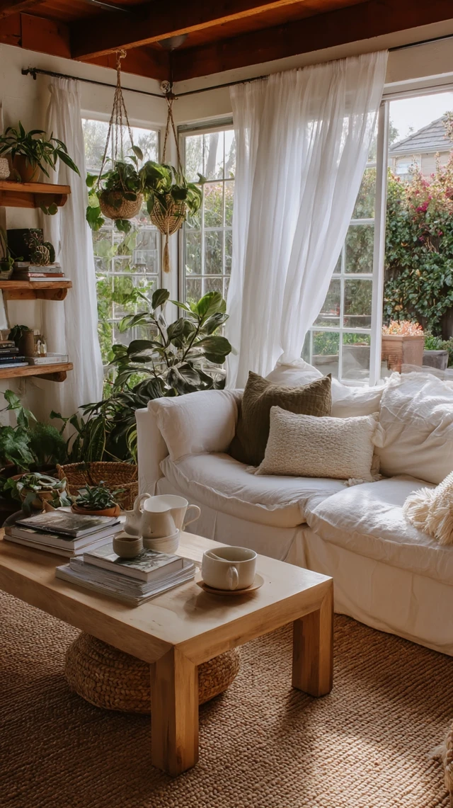 Cozy Boho Living Room Filled With Plants and Sunlight