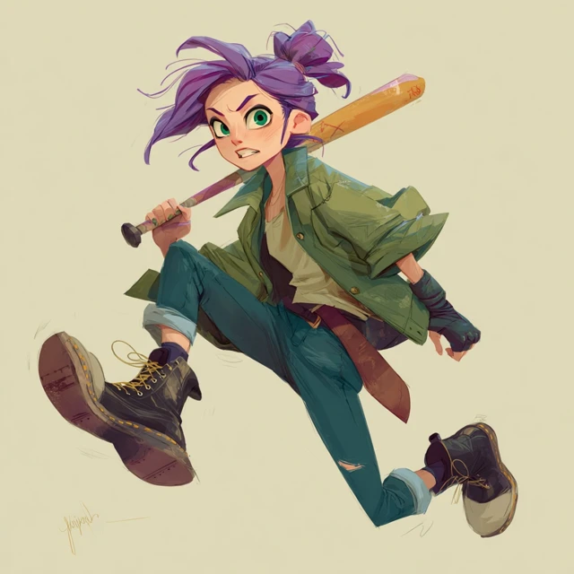 Cartoon Girl with Baseball Bat Dynamic Pose