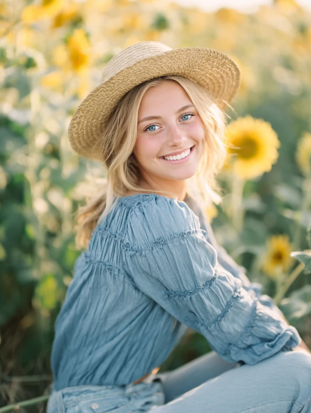 Blonde Woman Smiling in Sunflower Field Portrait