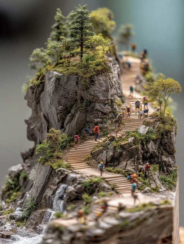 Microscopic Mountain Scene Hikers Climbing