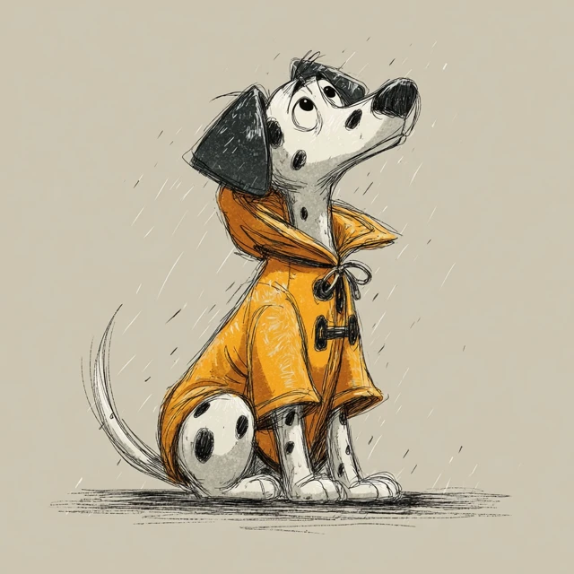 Cartoon Spotted Dog in a Raincoat