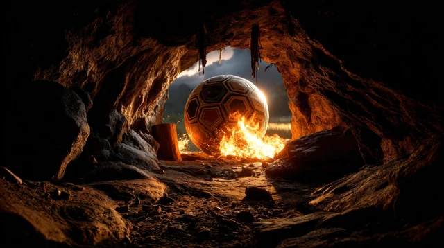 Soccer Ball in Cave Burning Flames Dramatic Scene
