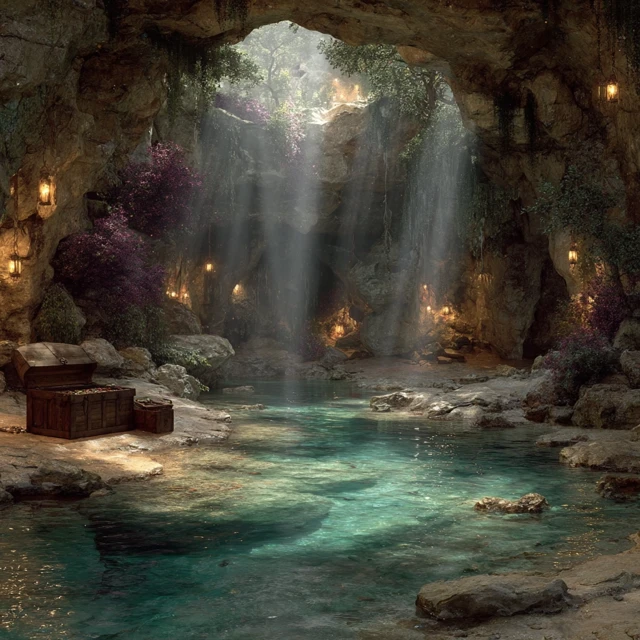 Magical Water Cave with Treasure and Waterfalls