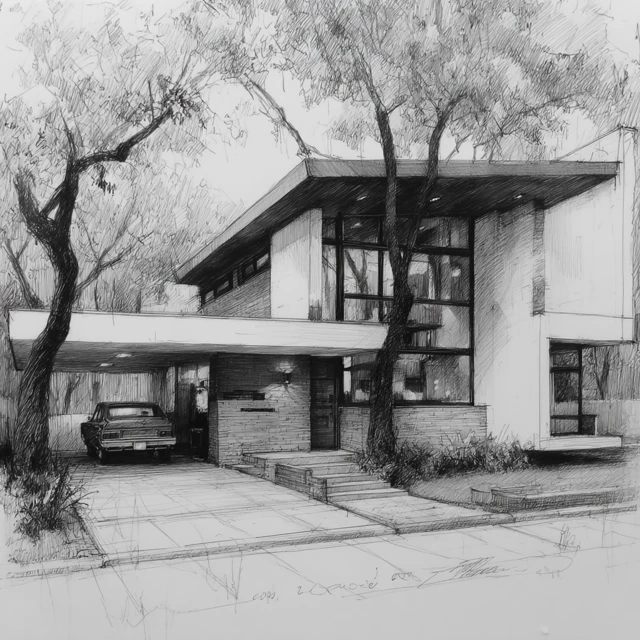 Modern Bauhaus House Sketch Concept Drawing