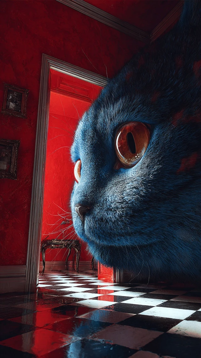 Giant Blue Cat Surrealist Scene Cinematic Lighting
