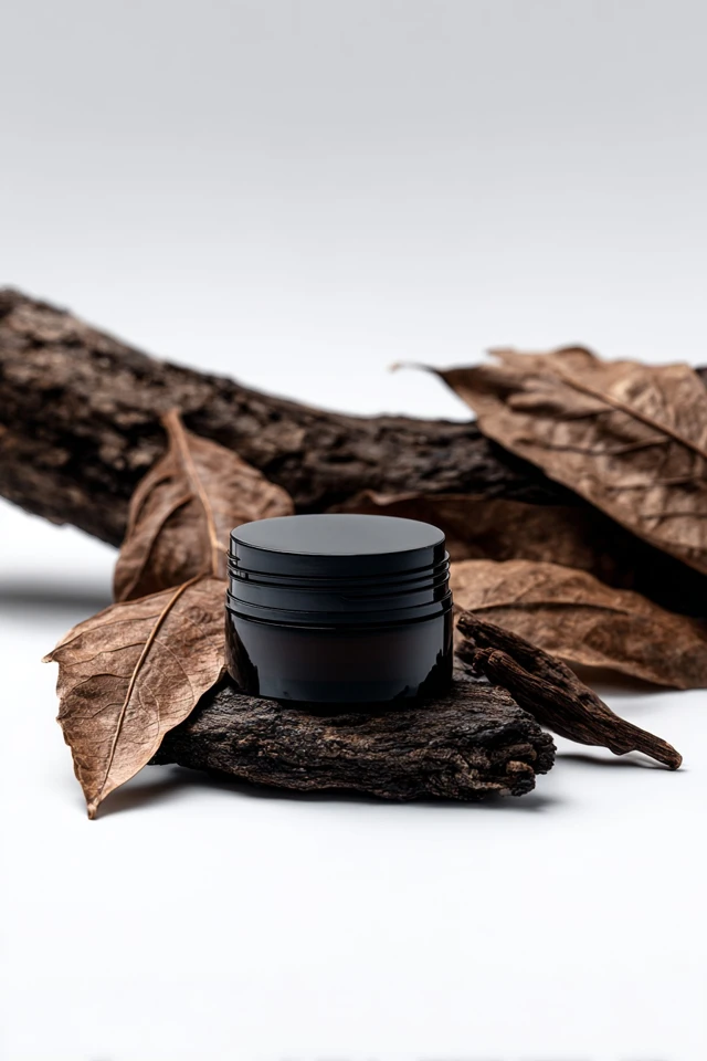 Cosmetic Jar Product Photography with Bark and Leaves