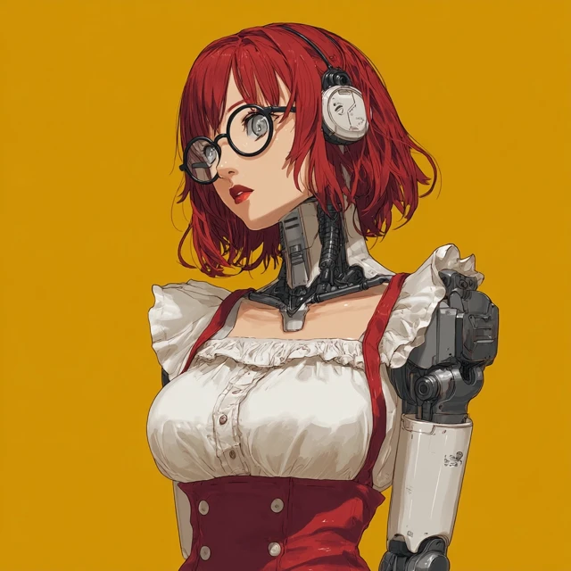Anime Cyborg Girl Red Hair and Glasses