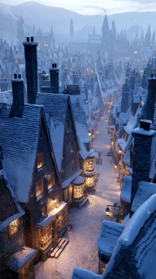 Hogsmeade Village in Winter Magical Scene