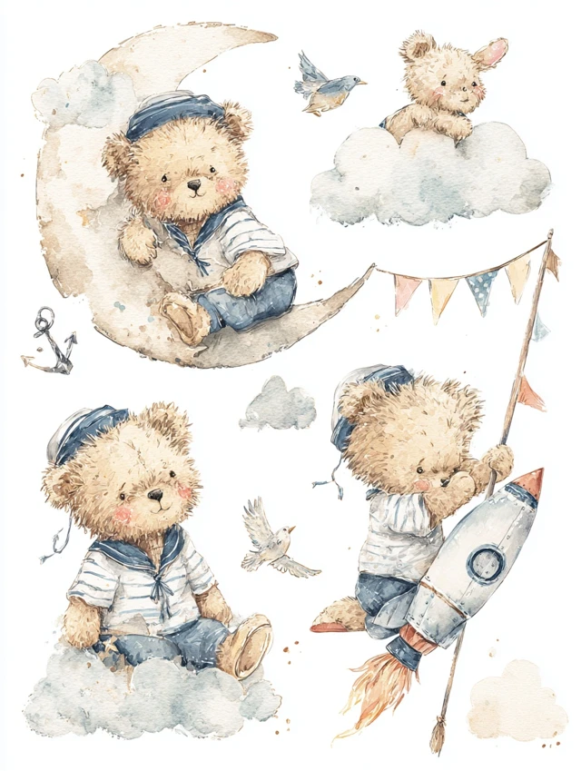 Cute Sailor Bear Watercolor Illustration