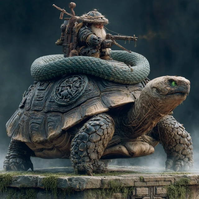 Giant Tortoise and Serpent with Gnome - Fantasy Art