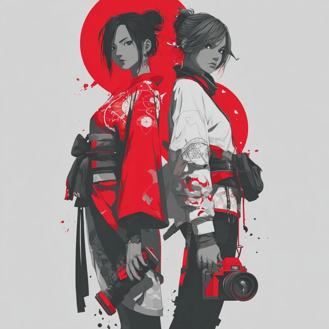 Japanese Priestesses Twin Sisters Anime Art