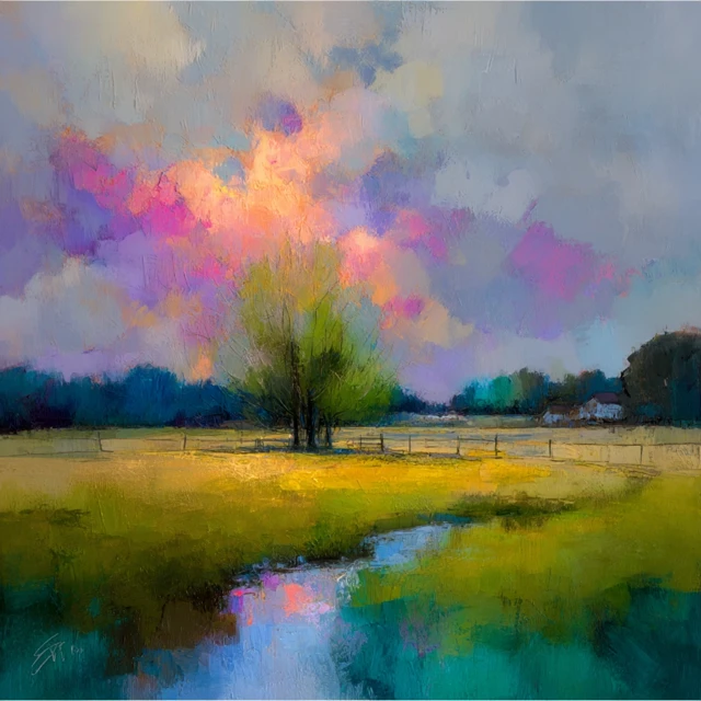Midwestern Field Painting  Soft Sky and Green Grass