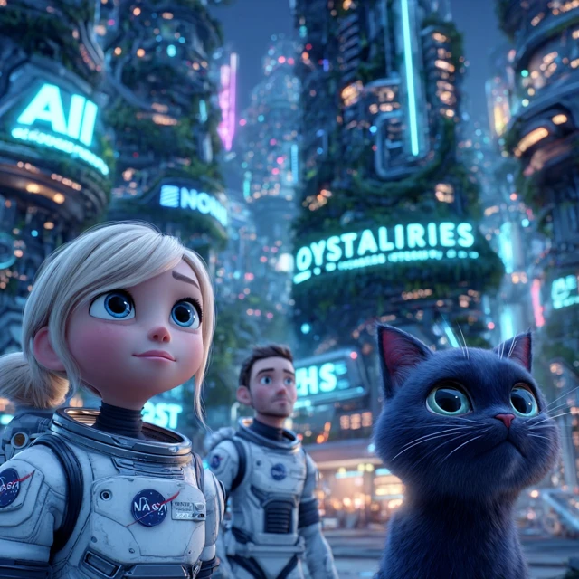 AI AdTech Revolution Futuristic City Cat and Founder