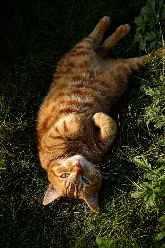 Ginger Cat Relaxing on Grass in Sunlight