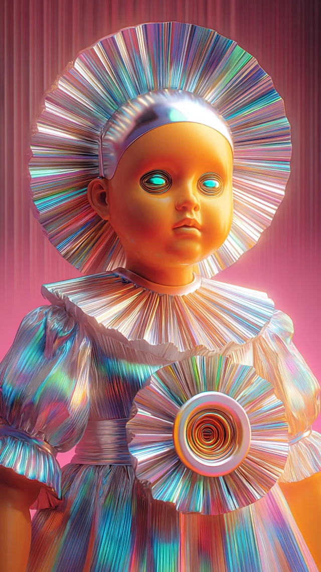 Surreal Hybrid Doll Portrait Chrome Flower Engine