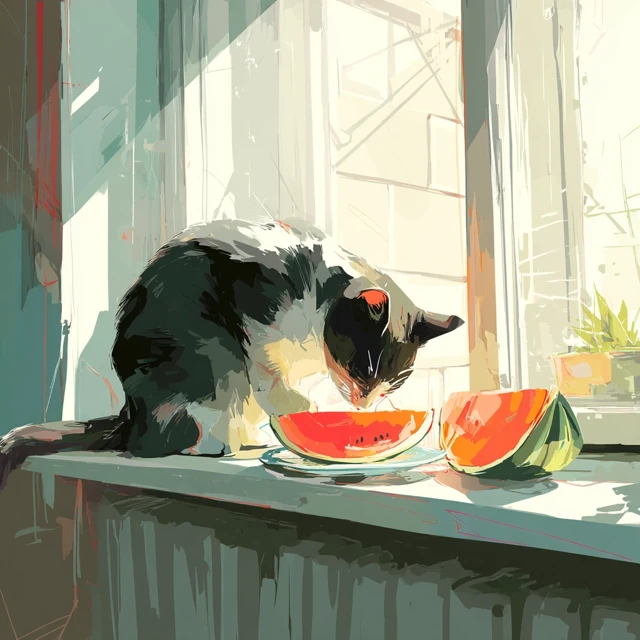 Cat Eating Watermelon Summer Illustration