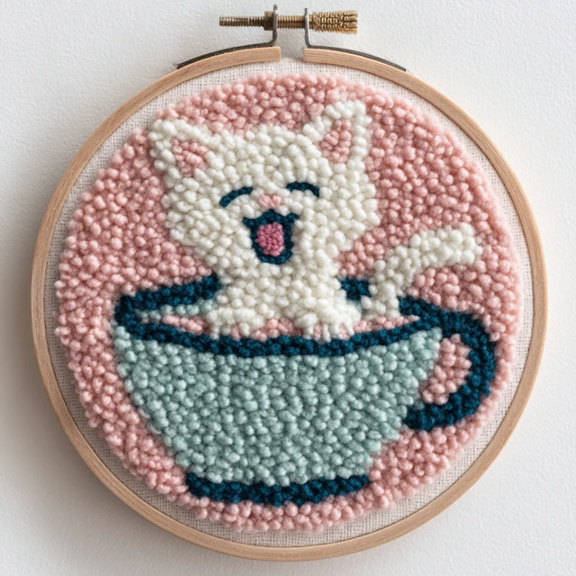 Punch Needle Art Kitten in Teacup Handmade Embroidery