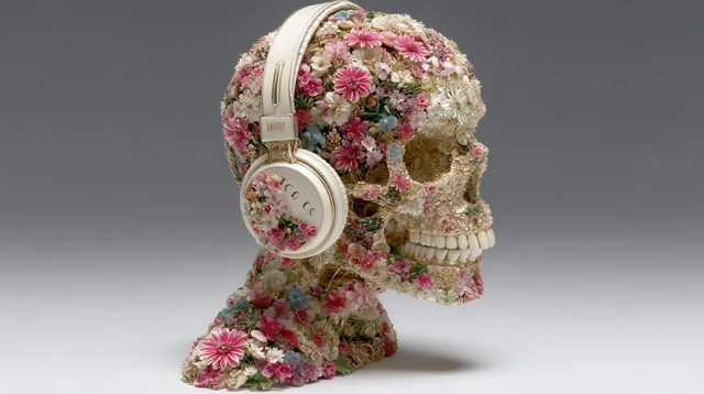 Floral Skull with Headphones 3D Art