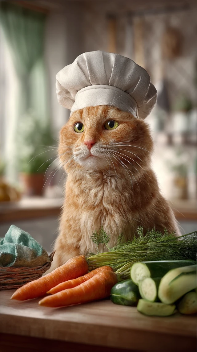 Chef Cat with Fresh Vegetables
