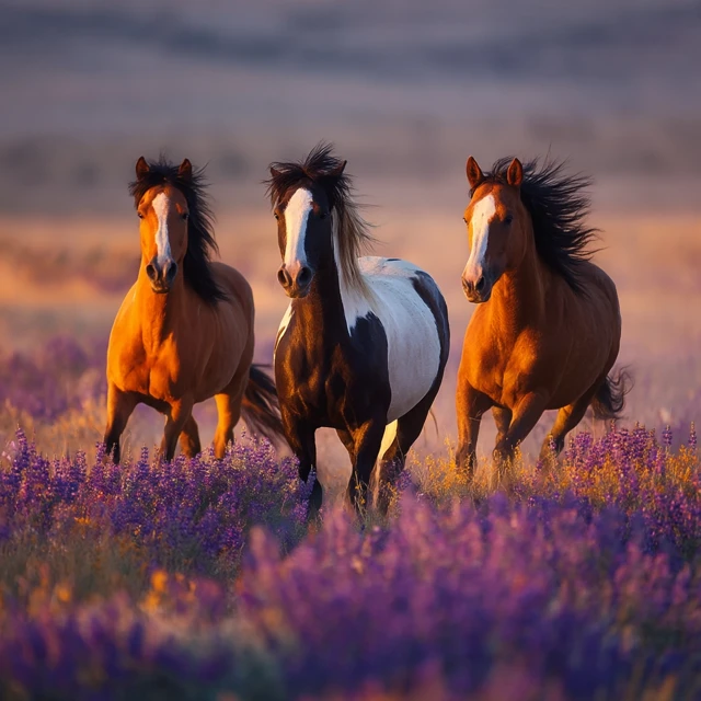 Horses in a Summer Flower Field Morning Sun