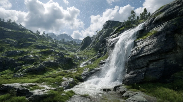 Alien Waterfall World with Green Sky and Sirius Clouds