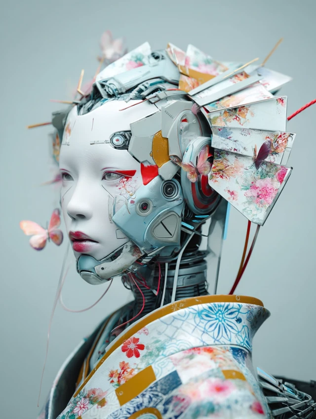 Cyberpunk Geisha Robot with Pastel Colors