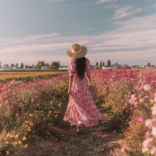 Woman in Pink Dress Walking Through Flower Field