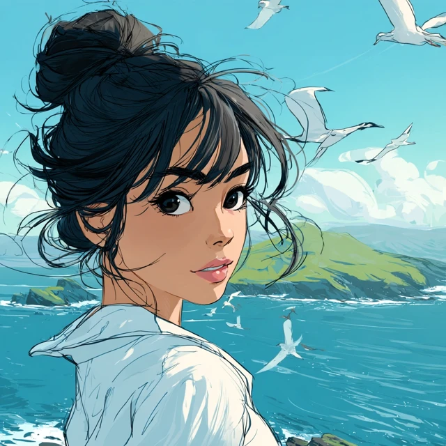 Young Woman by the Sea Hand Drawn Illustration