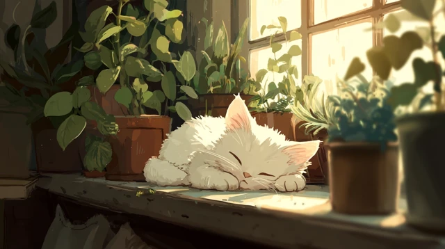 Sleeping Kitten on Windowsill with Houseplants