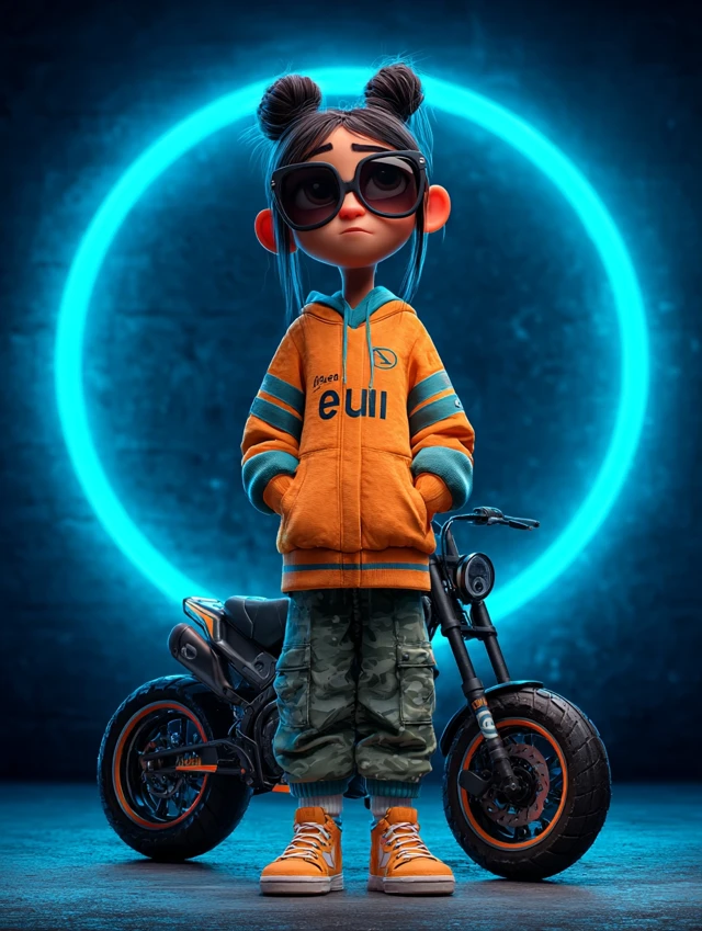 3D Cartoon Girl and Motorcycle