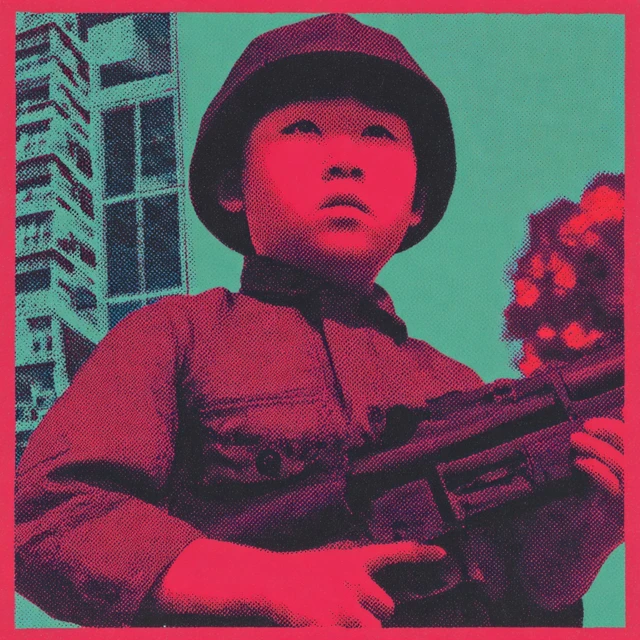 Asian Boy in Uniform with Weapon War Scene