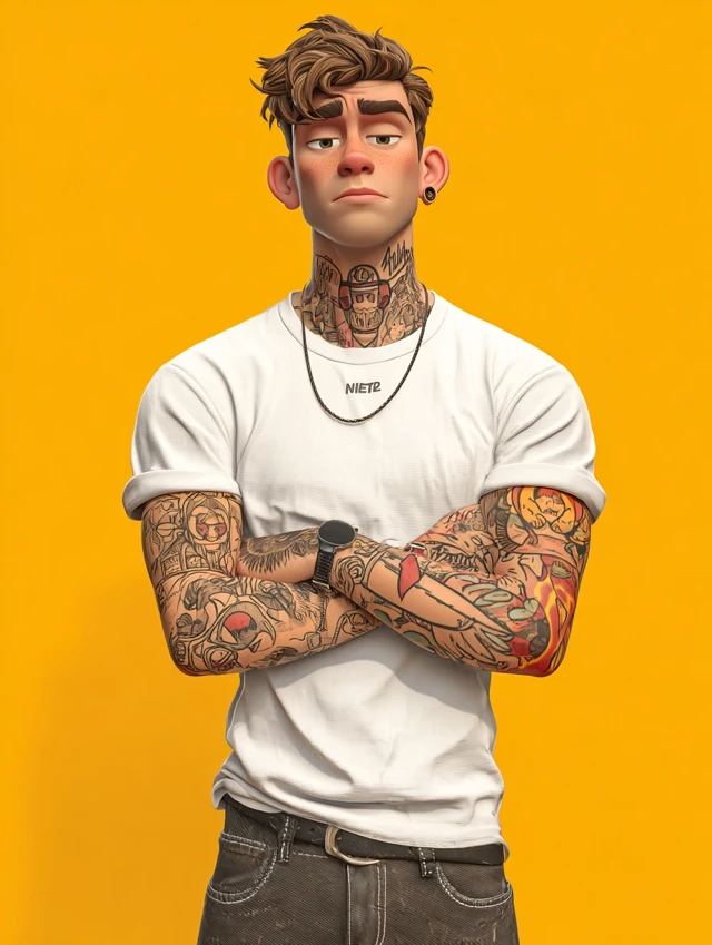 Cartoon Boy with Tattoos White TShirt 3D Render