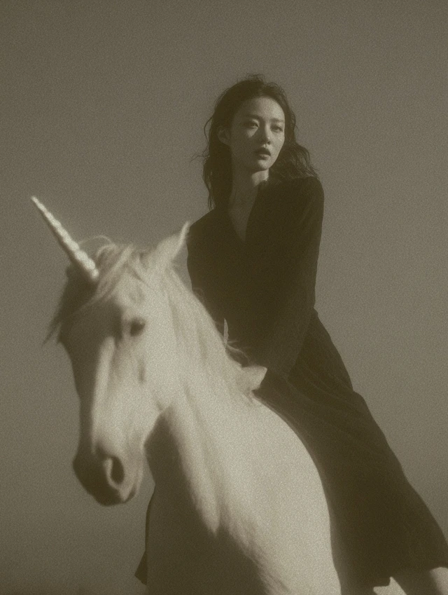 Japanese Woman on Unicorn Elegant Black and White Photo