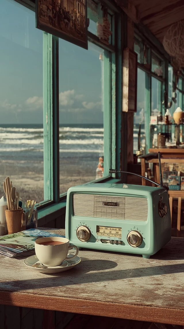 Vintage Radio and Tea Seaside Cafe Scene