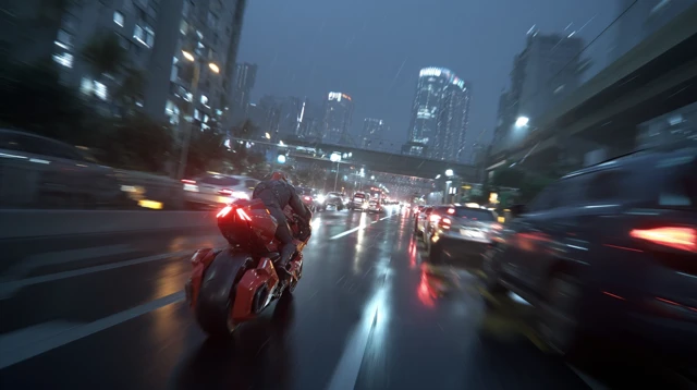 Futuristic Motorcycle on Rainy City Road