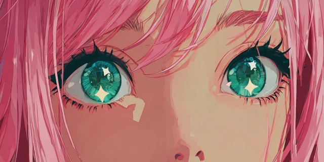 Anime Eyes with Pastel Pink Hair and Teal Green Eyes