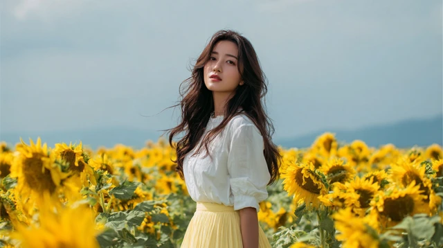 Japanese Woman in Sunflower Field Summer Scene