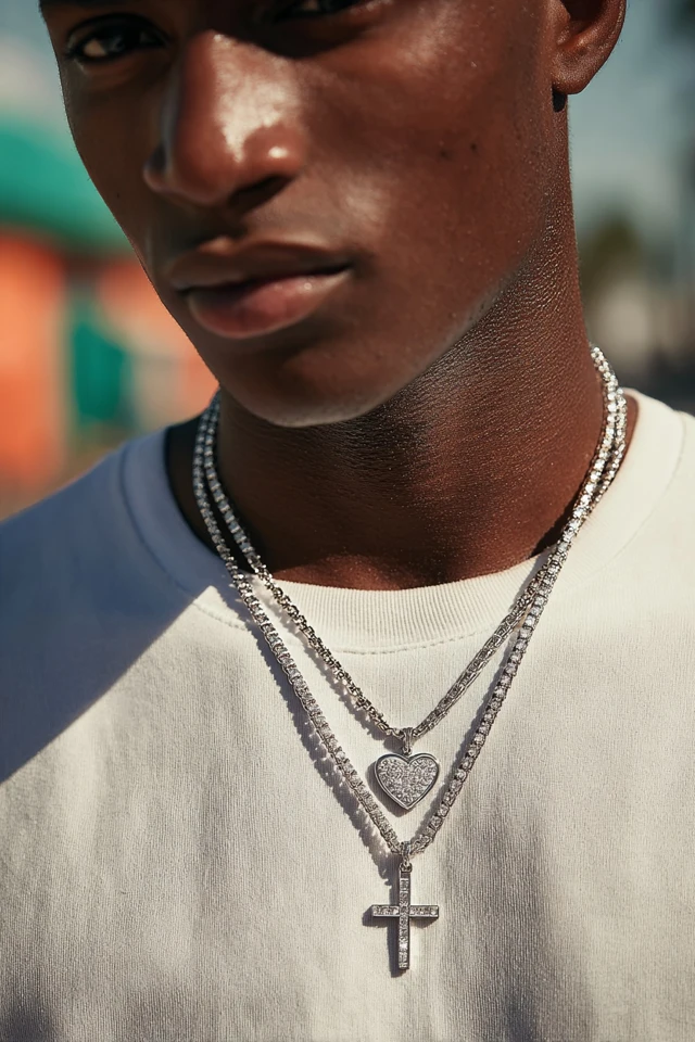 Man Wearing Diamond Chain Pendants Closeup Photo