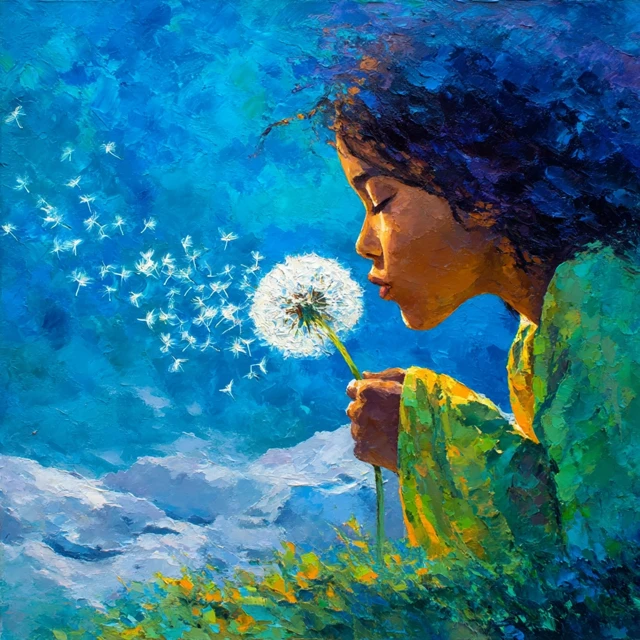 Oil Painting Child Blowing Dandelion Seeds