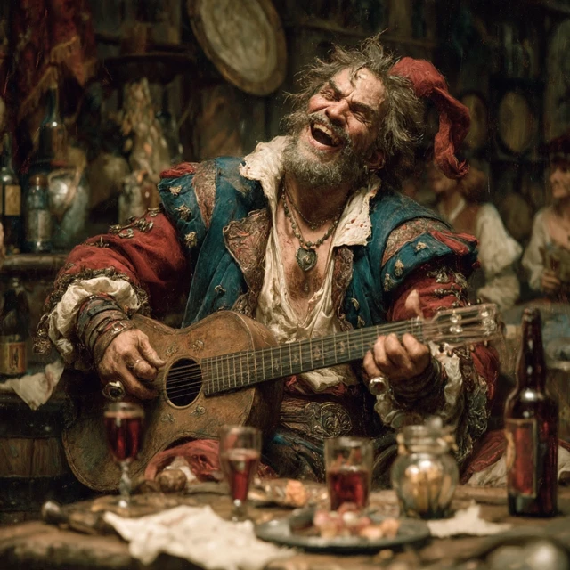 Medieval Minstrel in a Tavern with Lute Smiling