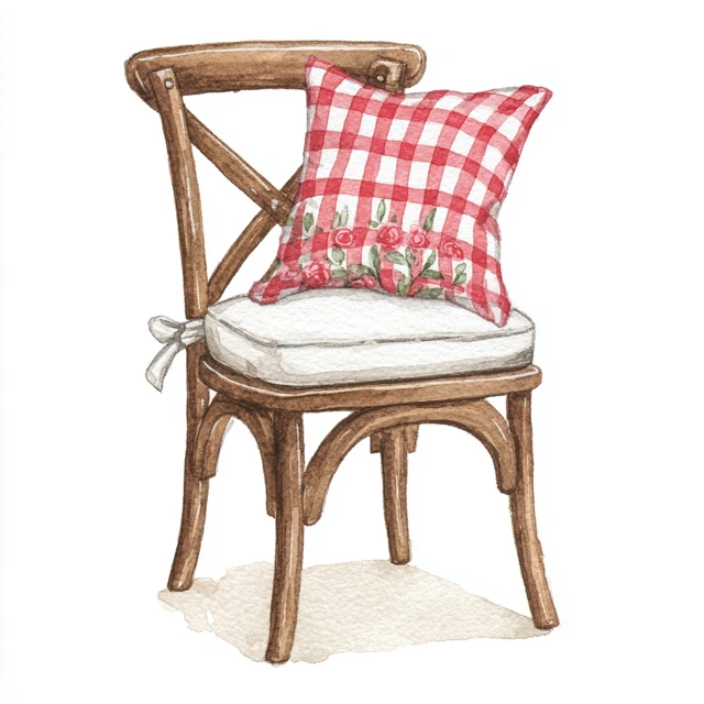 Watercolor Painting Wooden Chair with Red Checkered Cushion