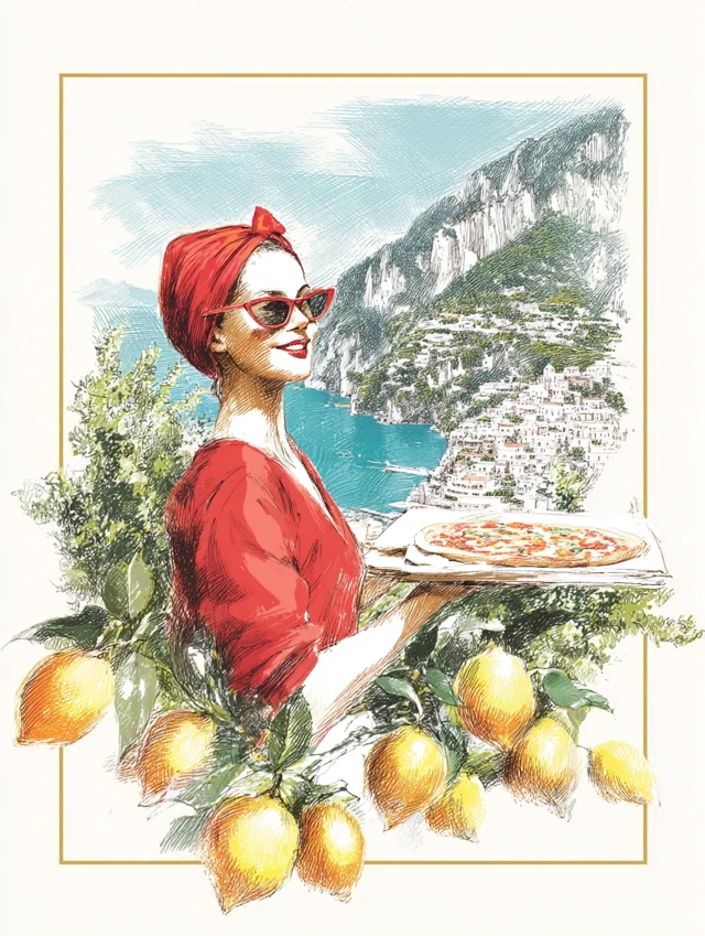 Italian Woman with Pizza Capri Coast Vintage Art