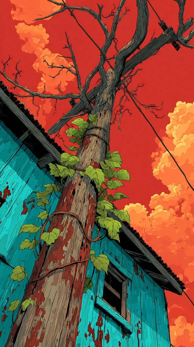 Anime Illustration of a Weathered Pole and Vines